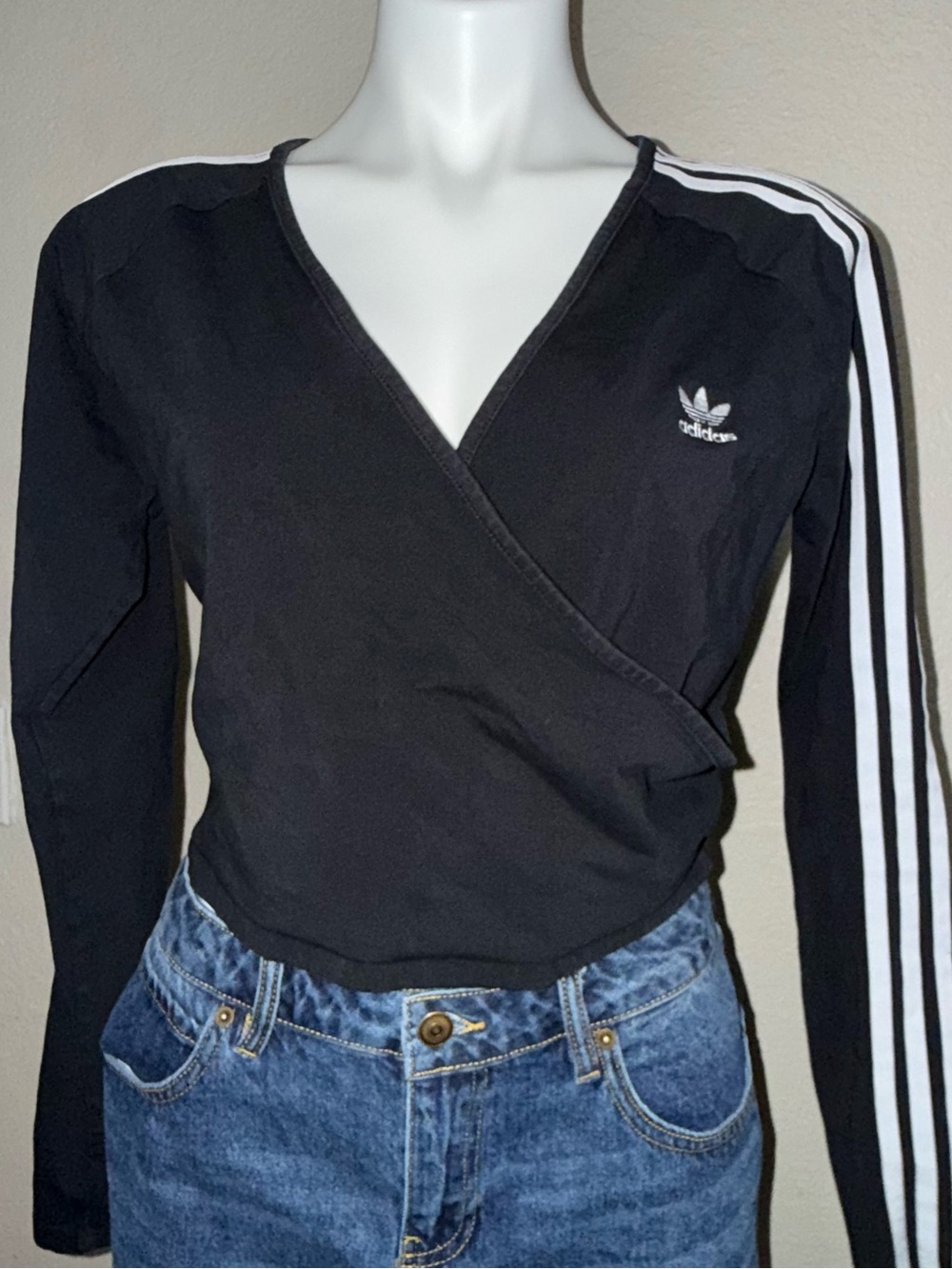 adidas Black Wrap-Front Long Sleeve crop Top with White Stripes
